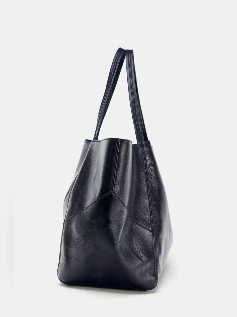 Maxi Genuine Leather Shopper Tote Bag in Navy